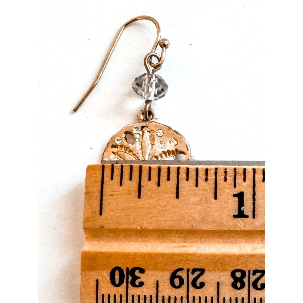Sand Dollar Dangle Earrings Gold Tone Crystal Beach Coastal Nautical Jewelry - Picture 6 of 6